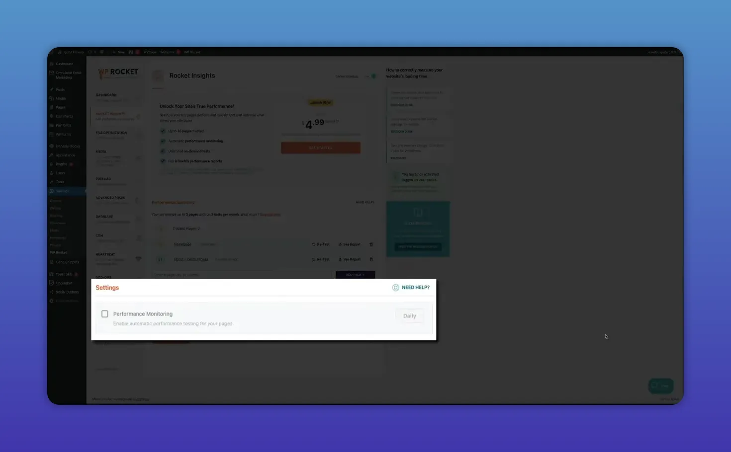 WP Rocket settings panel highlighting Performance Monitoring checkbox and schedule option