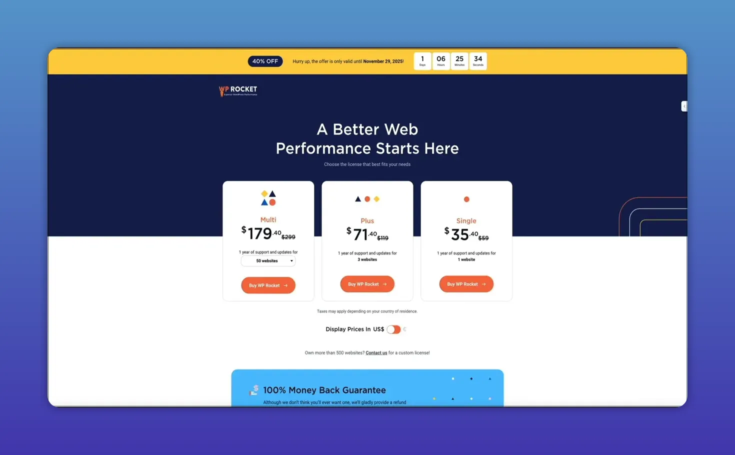 WP Rocket pricing page showing Multi, Plus and Single plan cards with banner — overview of pricing tiers