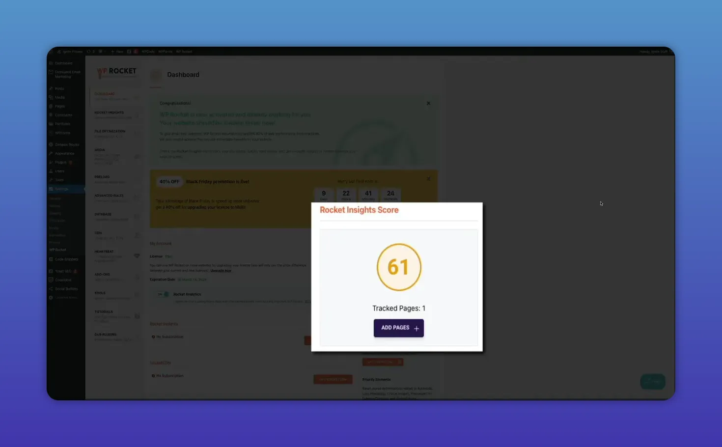 Rocket Insights score modal with 61 and Add Pages button
