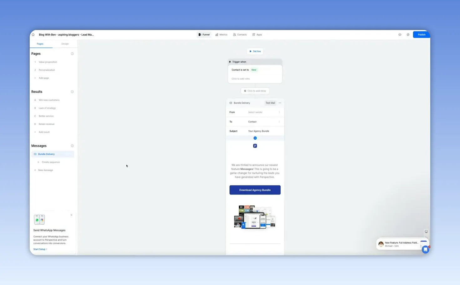 Perspective Funnels email automation editor preview showing Bundle Delivery email with a 'Download Agency Bundle' CTA and trigger area