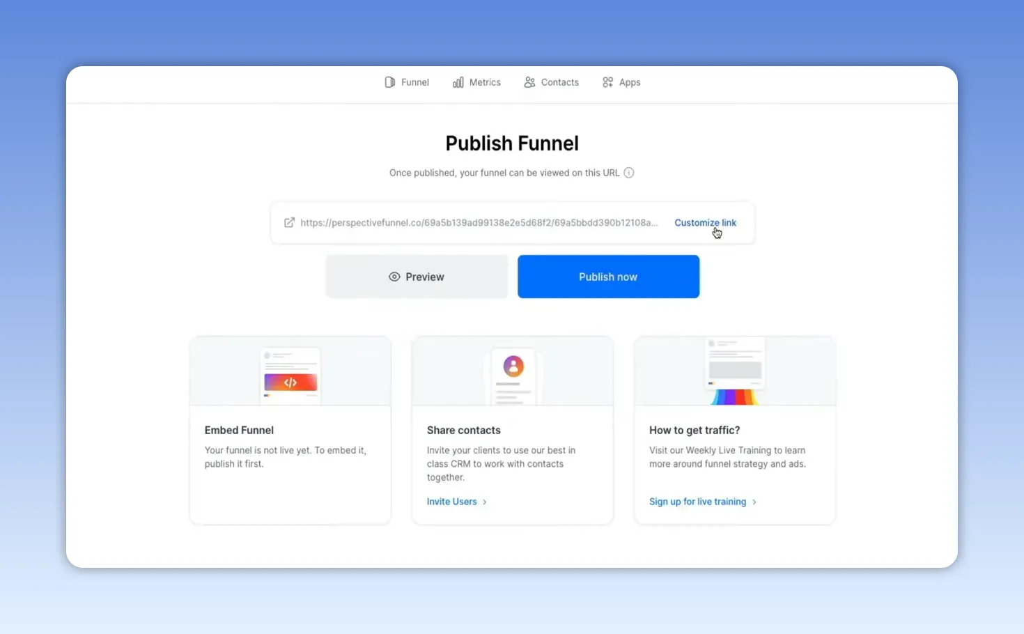 Full Publish Funnel page showing URL field, Preview and Publish now buttons and funnel feature cards