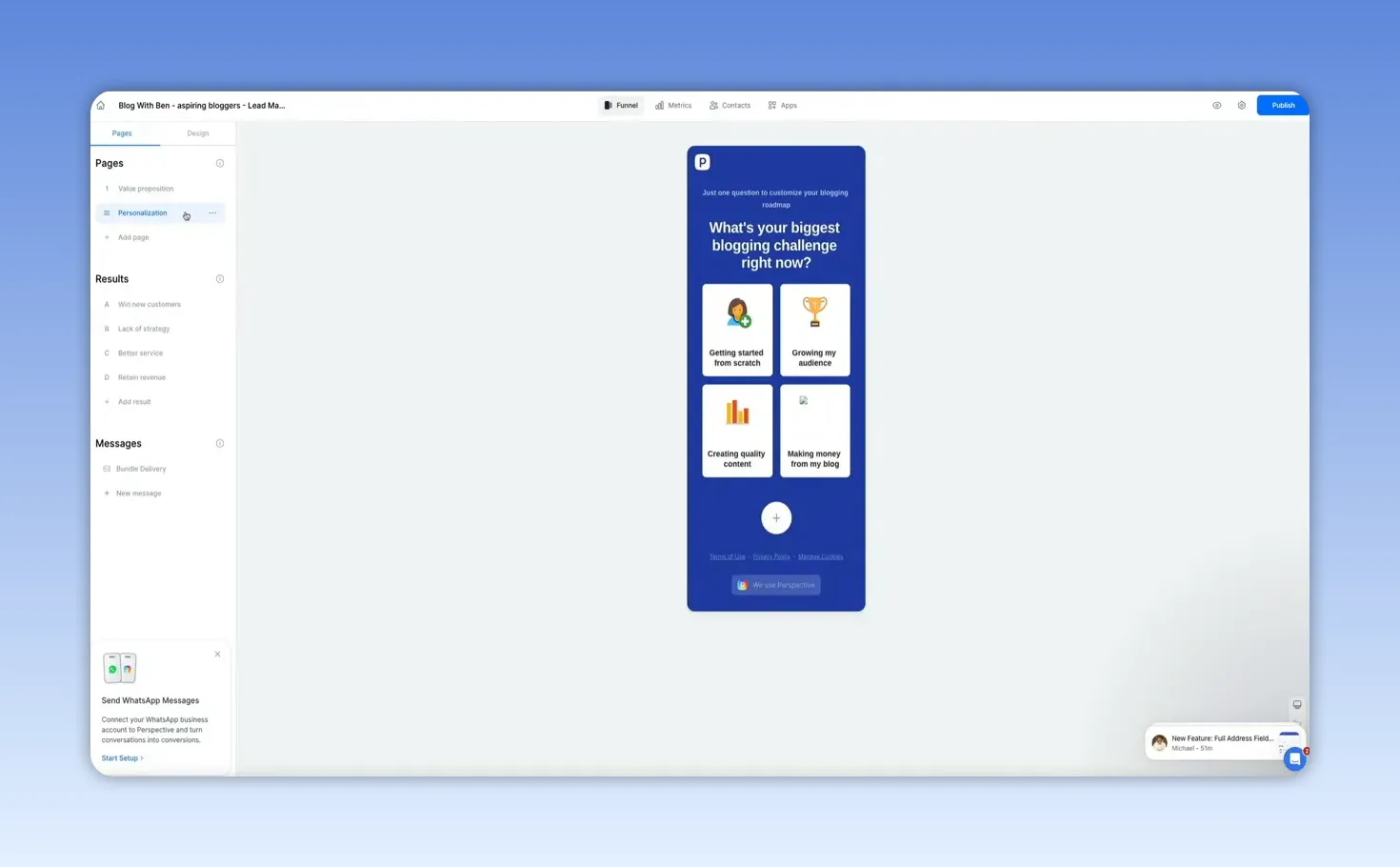 Personalization question preview showing four selectable answer cards in a mobile funnel