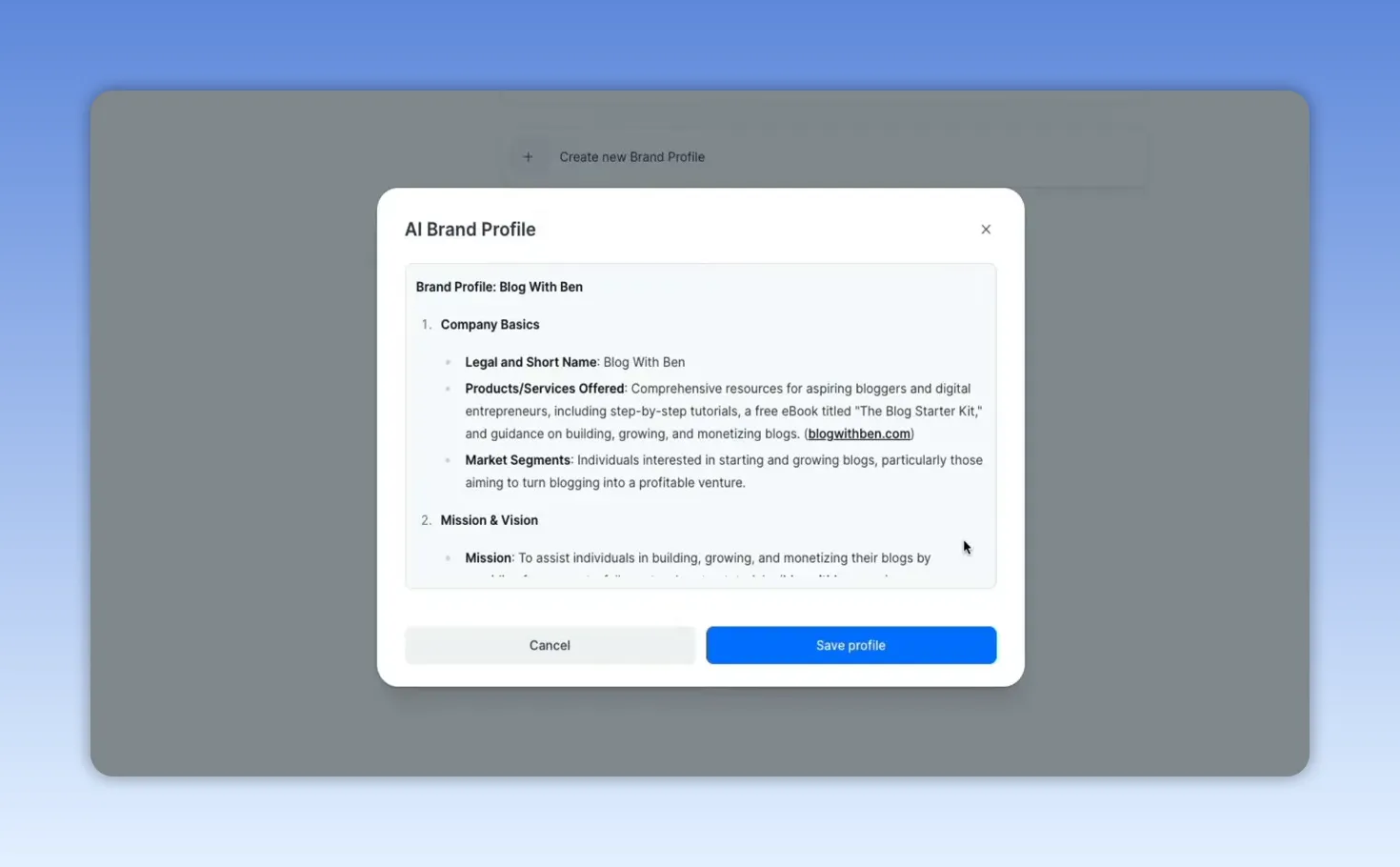 AI Brand Profile modal titled 'Brand Profile: Blog With Ben' with detailed profile text and Save profile button
