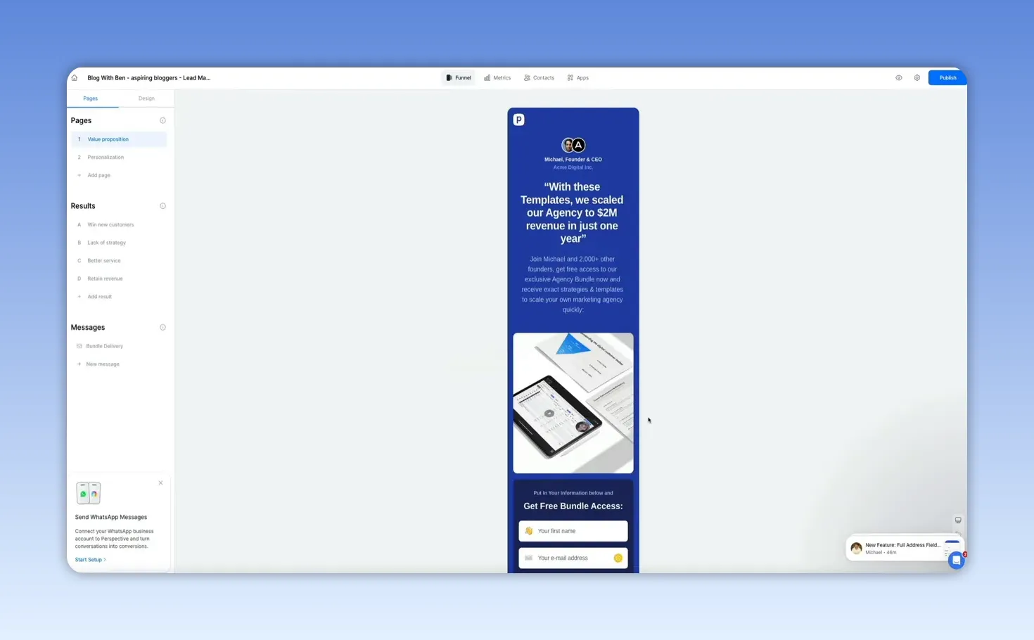 Clear Perspective Funnels editor showing left navigation and sharp mobile preview with opt-in form and lead magnet image