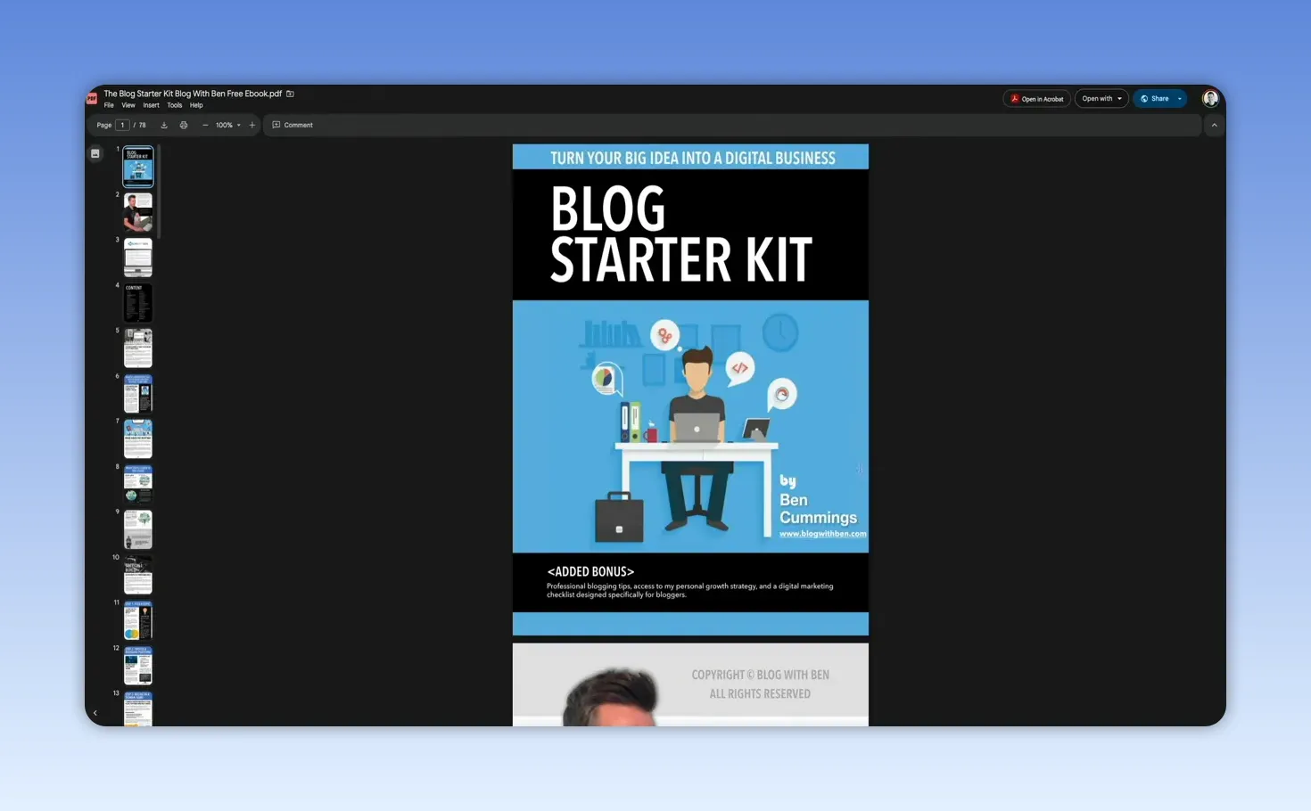 PDF viewer showing the 'Blog Starter Kit' ebook cover page confirming successful download