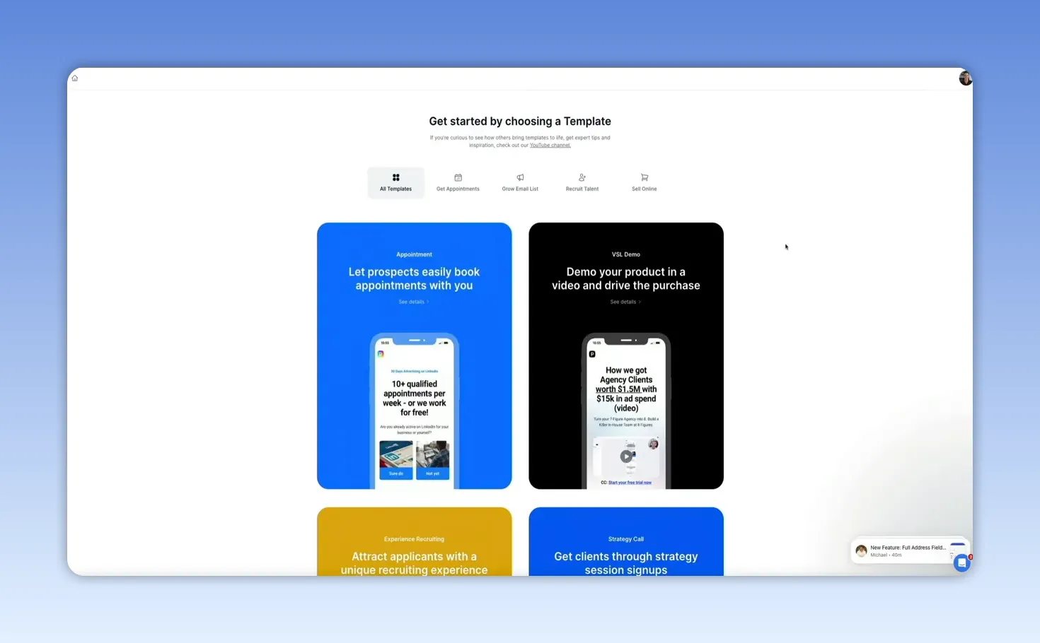 Full template library view with 'Get started by choosing a Template' header and large template preview cards