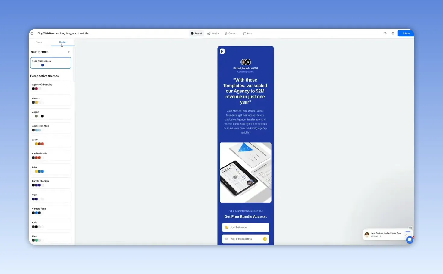 Perspective Funnels theme library list with mobile preview showing a lead magnet funnel