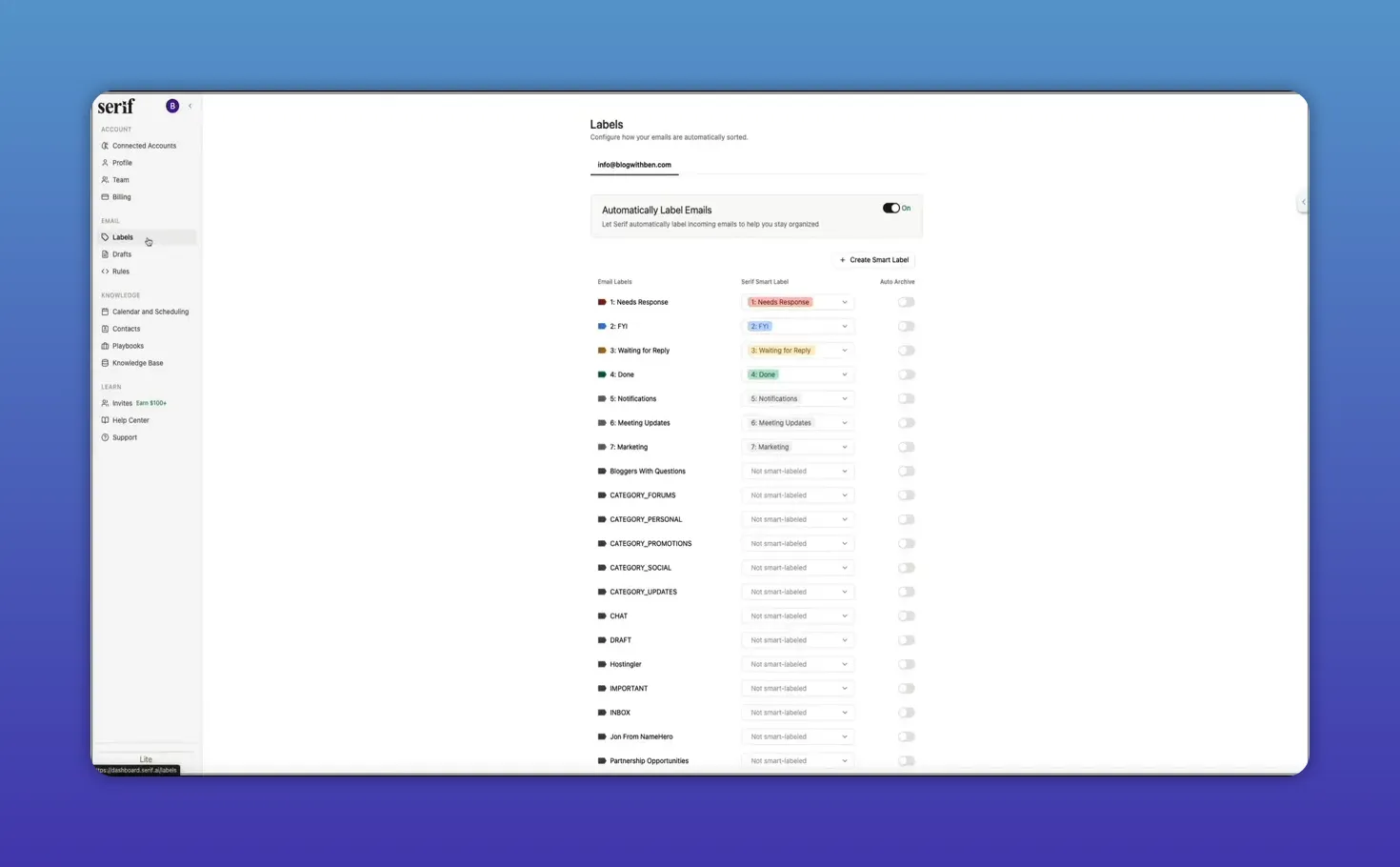 Serif Labels settings page listing email labels, smart-label mappings and auto‑archive switches.