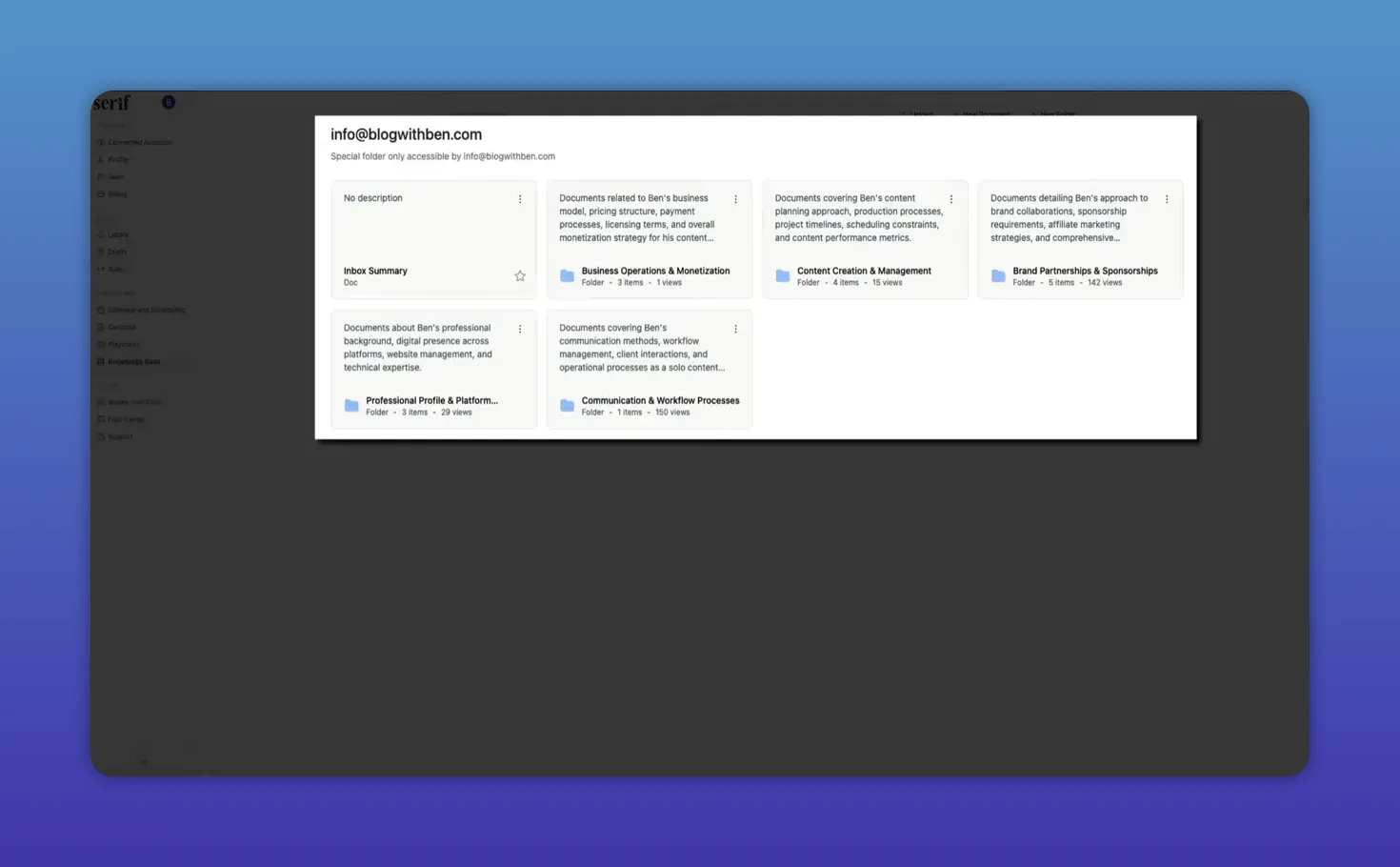 Close-up view of Serif Knowledge Base panel with folder cards and descriptions