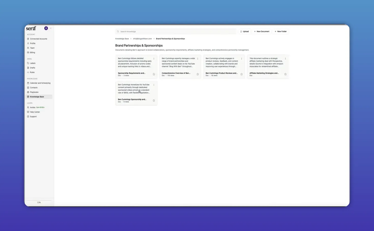 Serif knowledge base list view displaying Brand Partnerships & Sponsorships documents