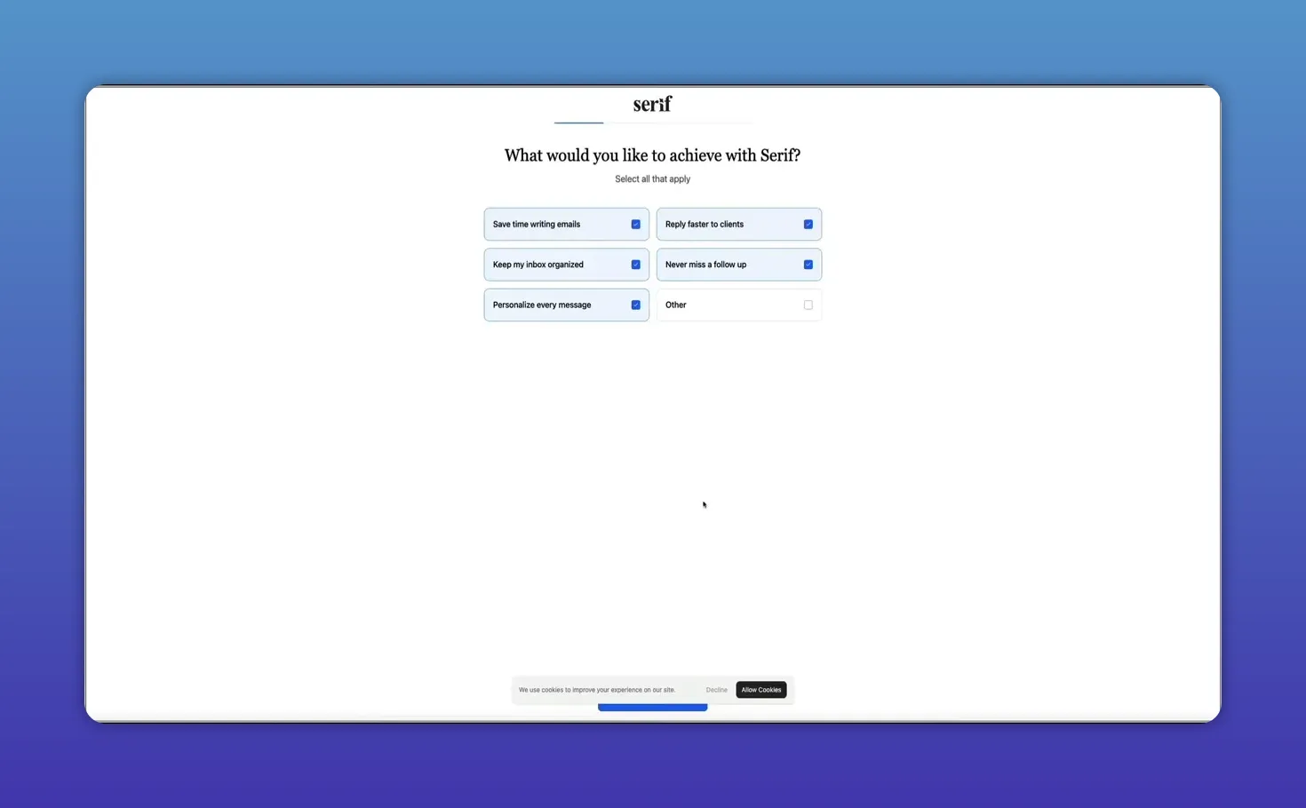 Onboarding screen with multiple goal checkboxes selected to customize Serif's behavior.