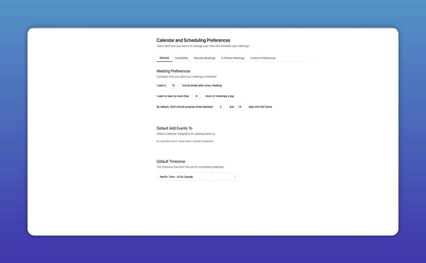 Serif Calendar and Scheduling Preferences showing meeting preferences, default calendar area, and default timezone