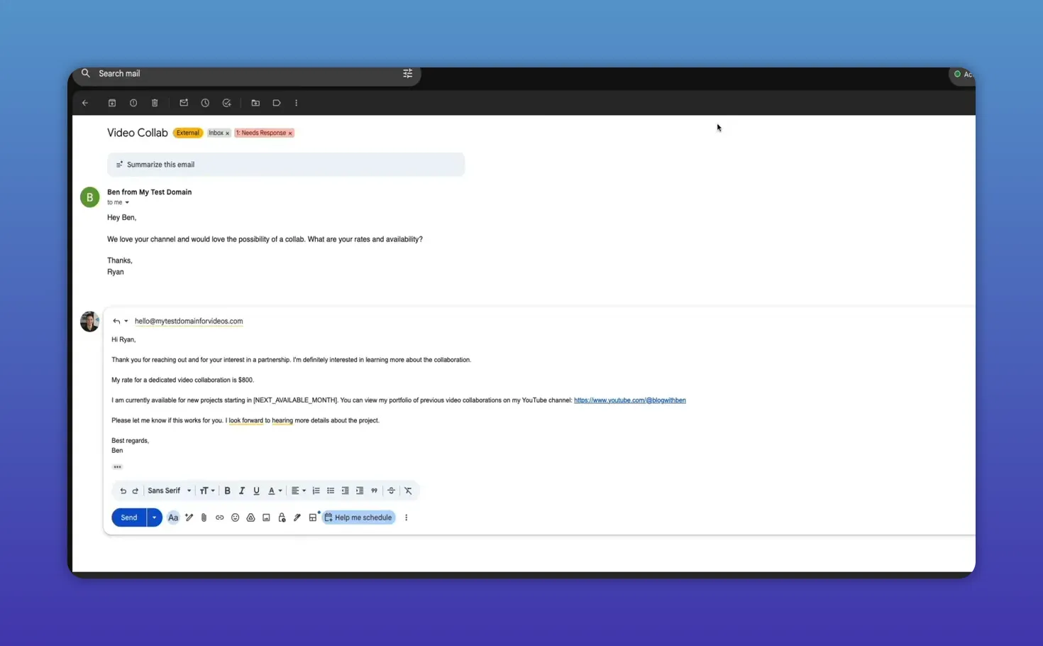 Close-up of Gmail reply compose box showing a drafted reply, formatting toolbar and a 'Help me schedule' button
