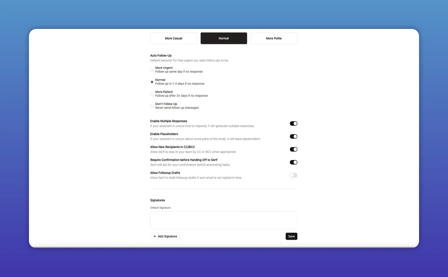 High-resolution Serif Drafts settings page showing Tune Voice buttons at top, Auto Follow-Up radio options (More Urgent, Normal, More Patient, Don't Follow Up), feature toggles, and signature box.