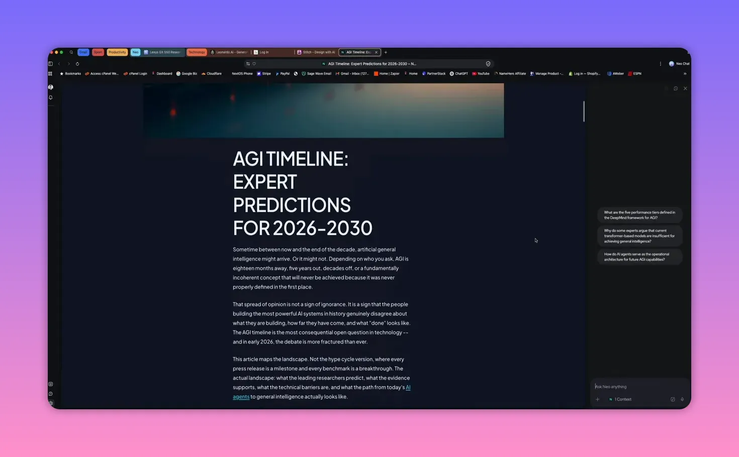 Neo browser displaying a long article with Neo Chat panel visible on the side