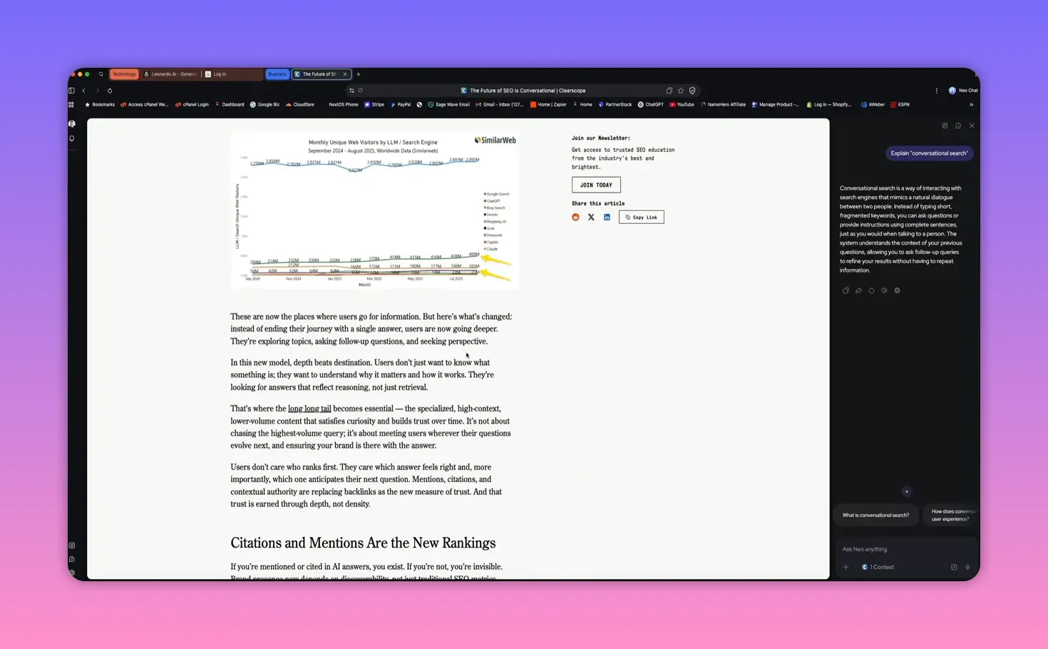 Norton Neo browser showing a webpage with the link hover preview controls
