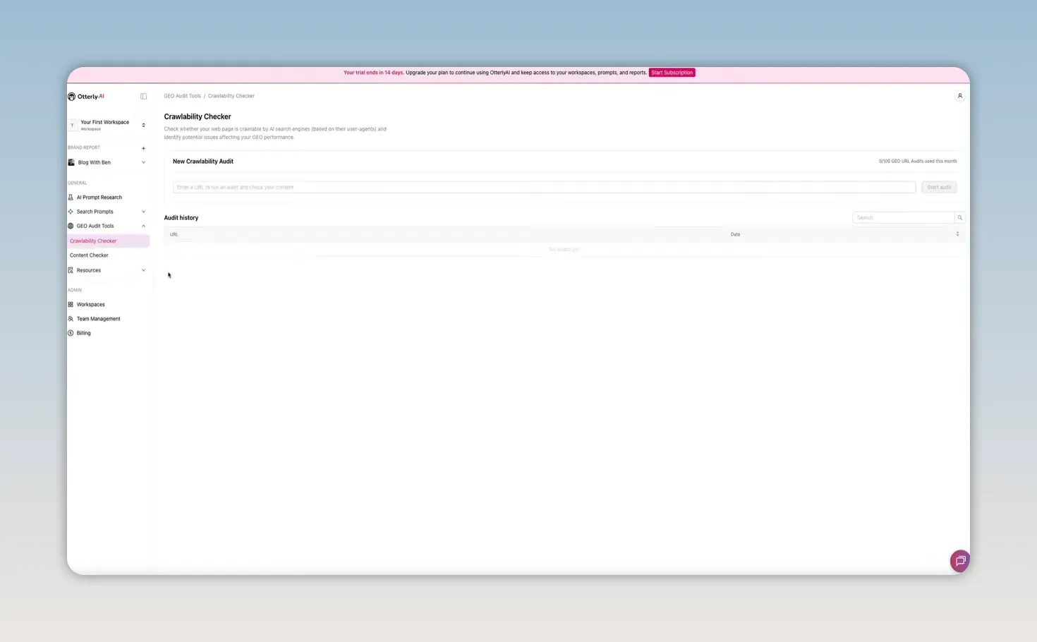 Screenshot of Otterly.AI Crawlability Checker page showing new crawlability audit setup area