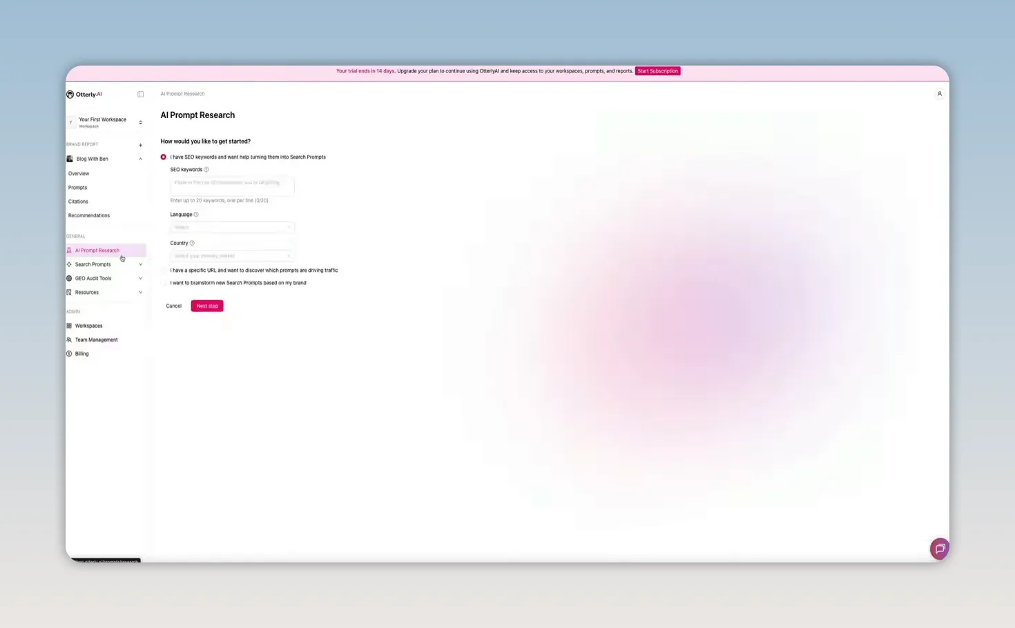 Otterly.AI AI Prompt Research setup screen with options to generate search prompts