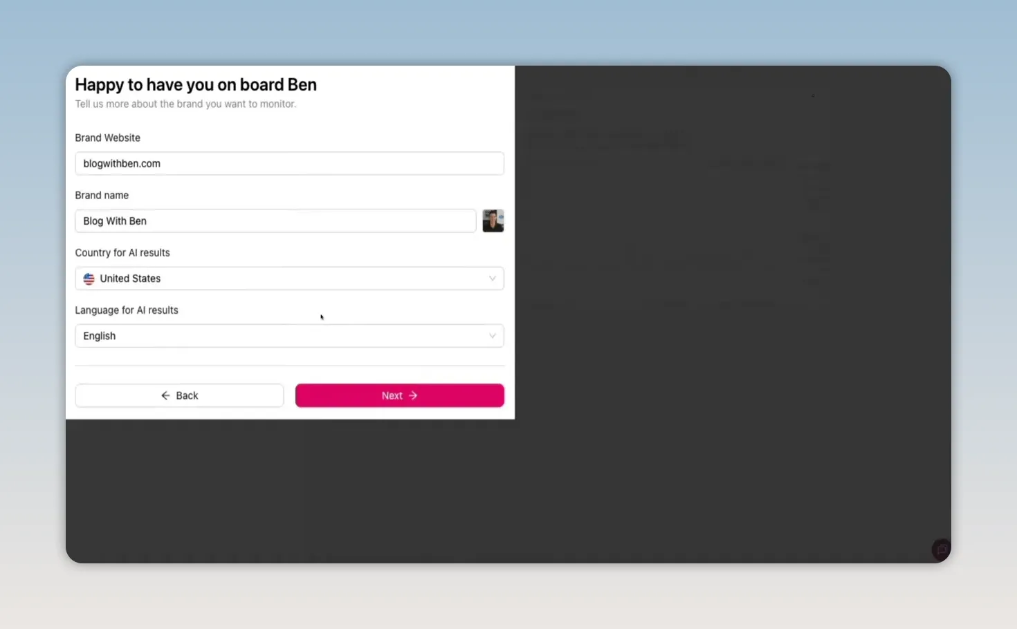 Otterly.AI onboarding screen collecting brand website, brand name, country, and language