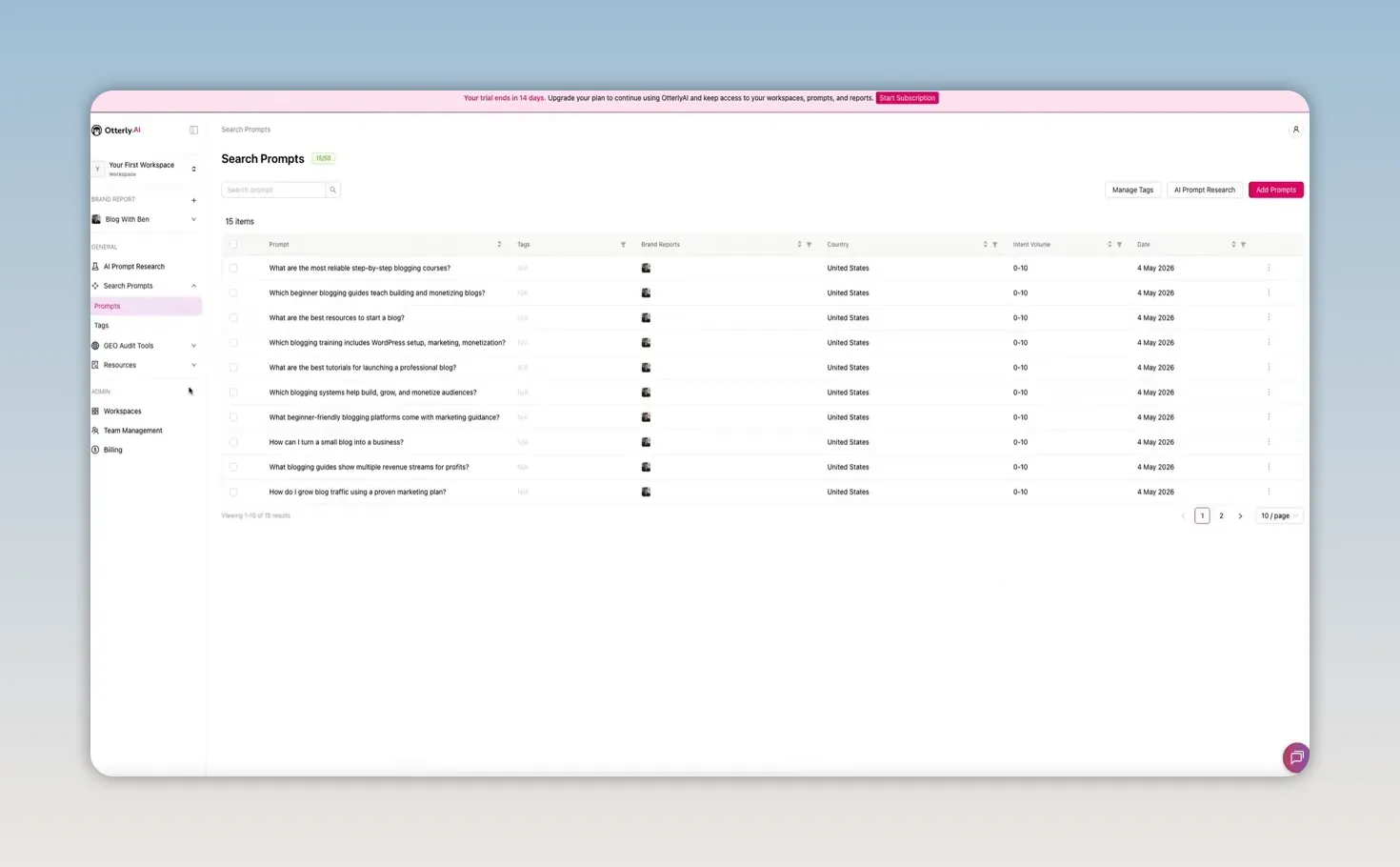 Otterly.AI Search Prompts master library table showing a list of tracked prompts