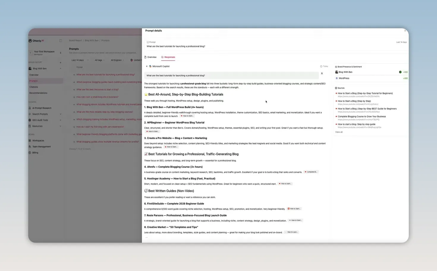 Otterly.AI prompt details page showing AI-generated response content in the Responses tab