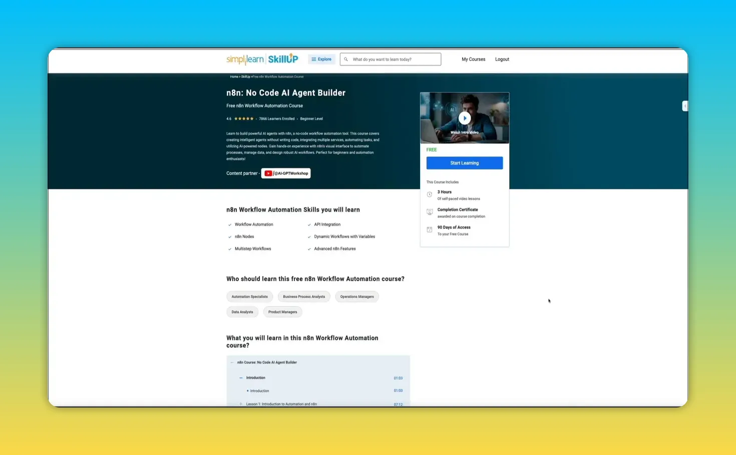 SkillUp course overview page with course title, bulleted skills, and a right-hand card showing 'Start Learning', course hours, completion certificate and 90 days of access.