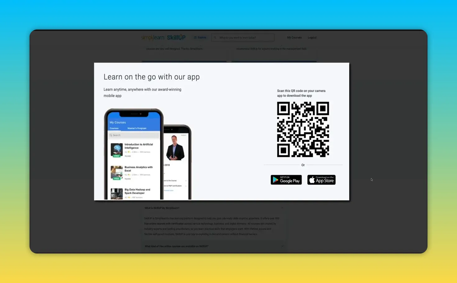 Popup/modal showing SkillUp mobile app mockups on the left and a large QR code with Google Play and App Store links on the right.