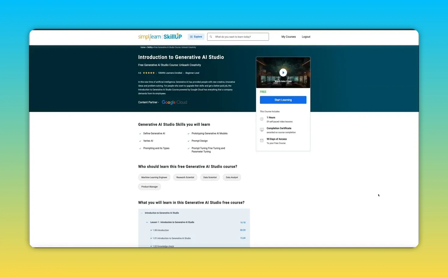 SkillUp course landing page 'Introduction to Generative AI Studio' with a prominent Start Learning button, course duration, completion certificate note and Google Cloud partner mention.