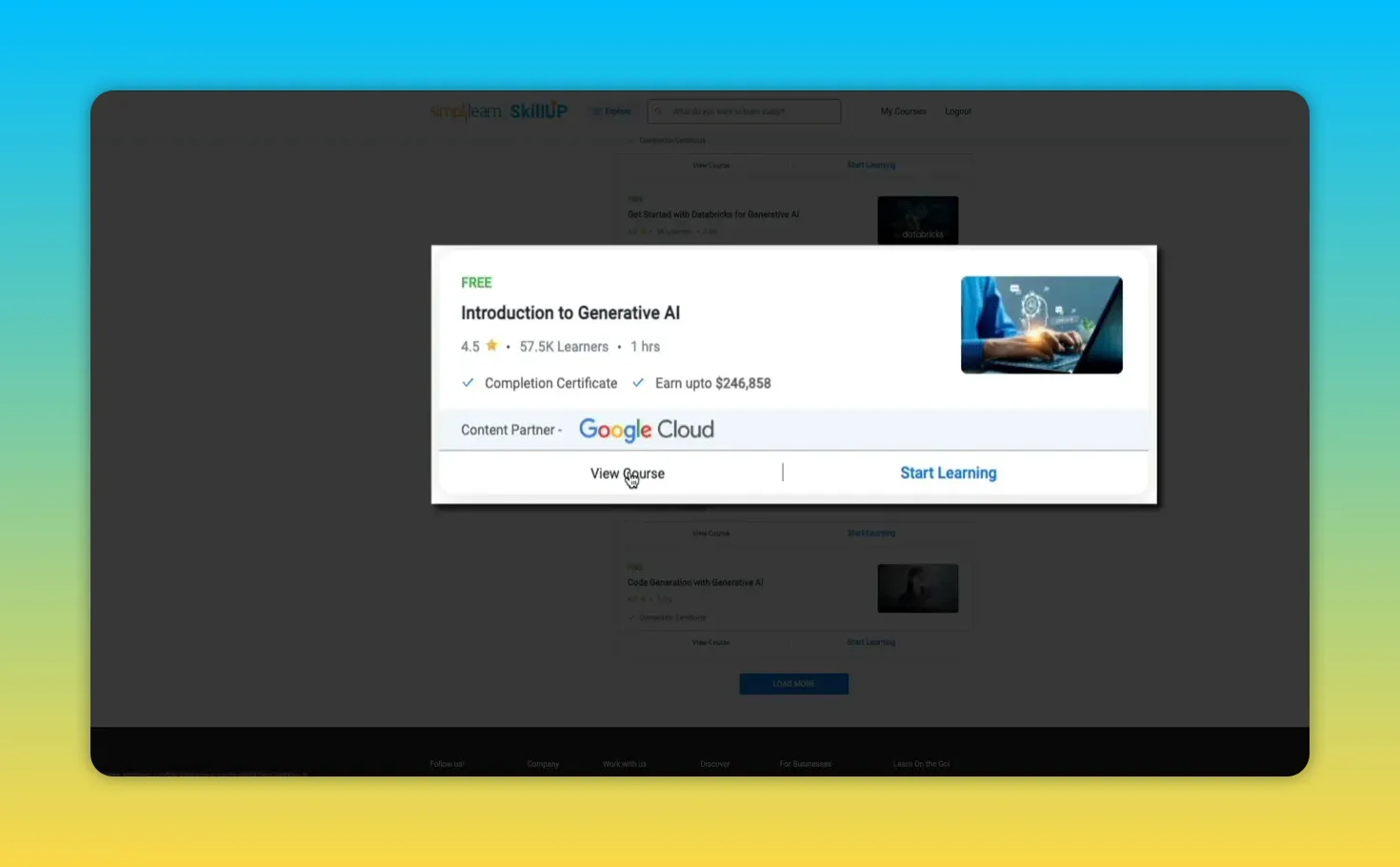 Popup modal displaying the course 'Introduction to Generative AI' with rating, learners count, completion certificate note and Google Cloud partner logo.