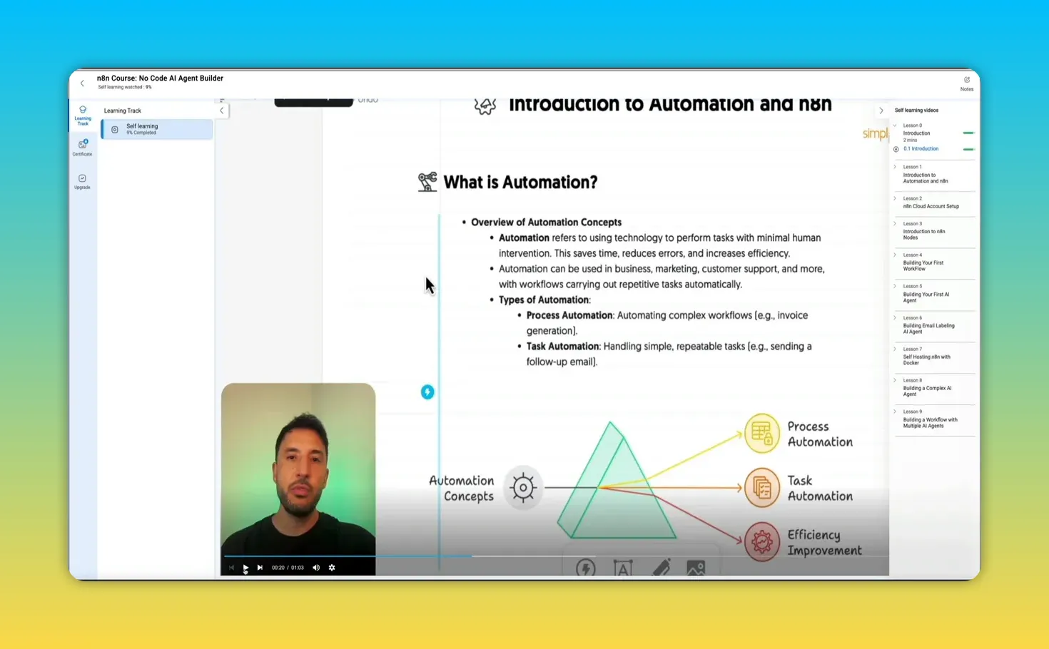 SkillUp course player with learning track on the left, lesson list on the right, and instructor video overlay