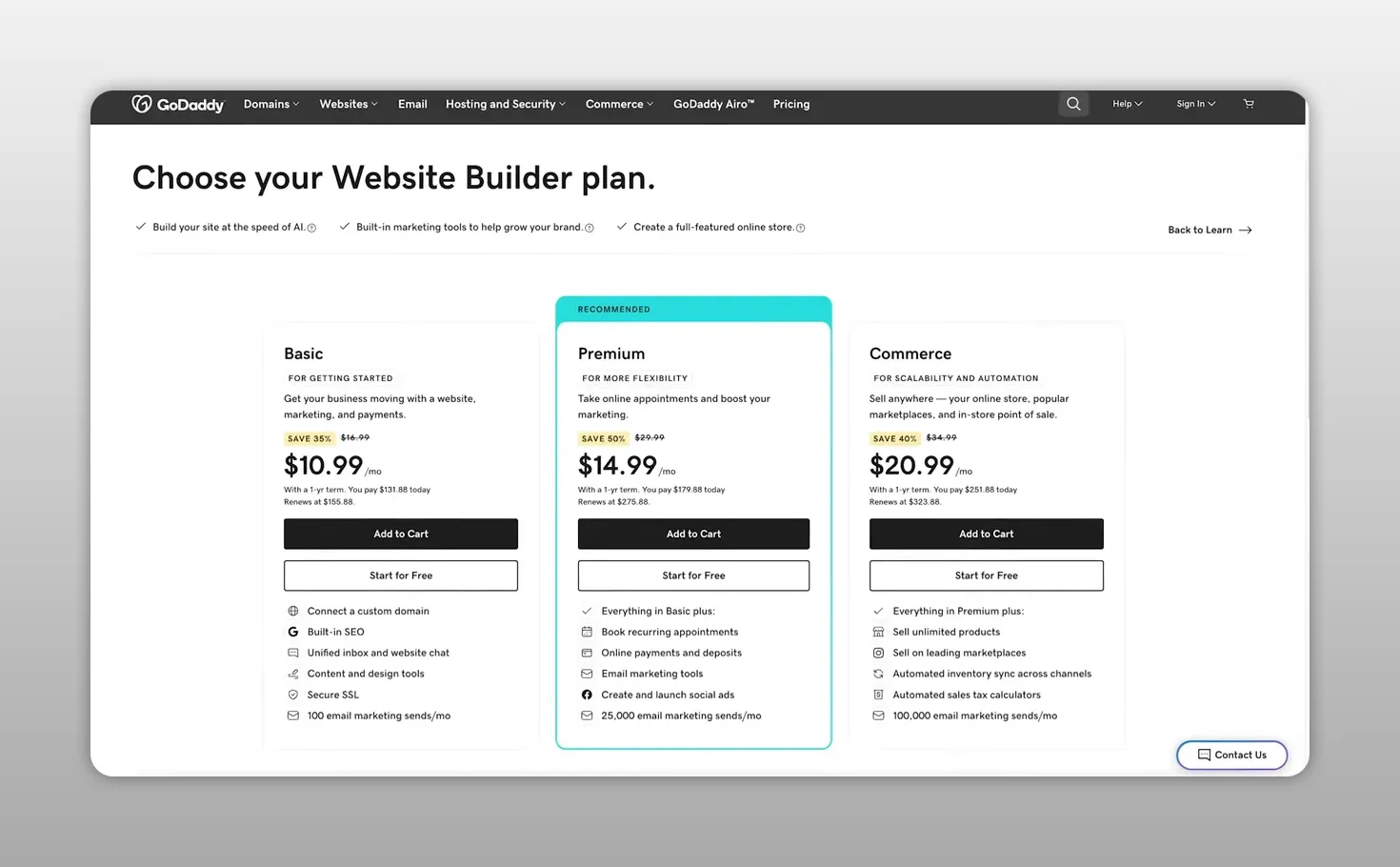 Trang chọn gói website của GoDaddy với ba cột gói cơ bản, cao cấp và thương mại