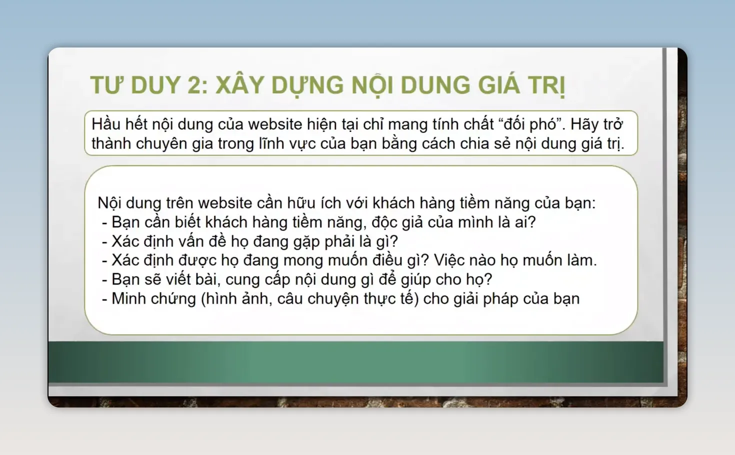 Trang trình bày các nguyên tắc xây dựng nội dung giá trị
