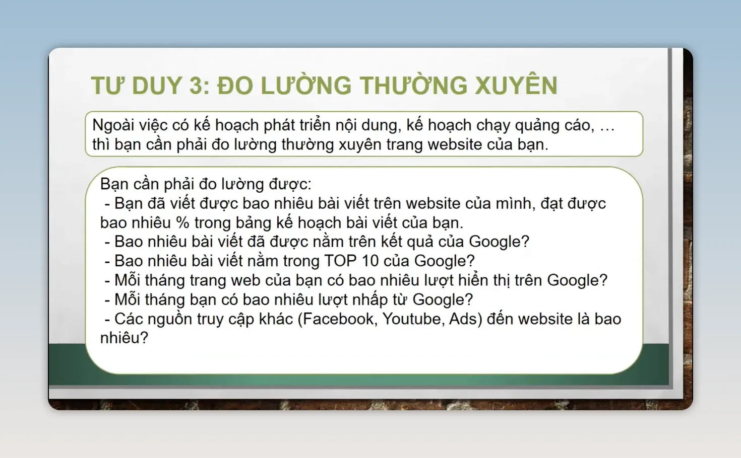 Trang trình bày các chỉ số cần đo lường thường xuyên cho website