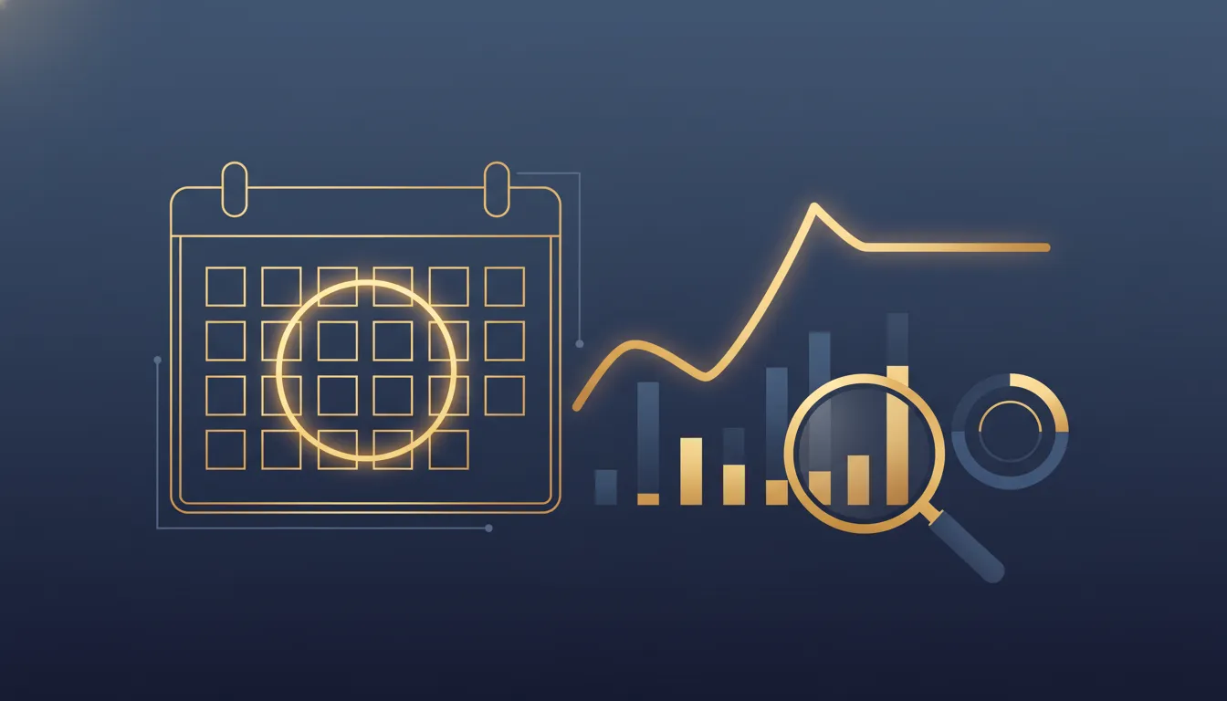 Abstract stock market illustration showing an earnings verification focus on a highlighted April 30 calendar date with a rising chart and magnifying glass, no text.