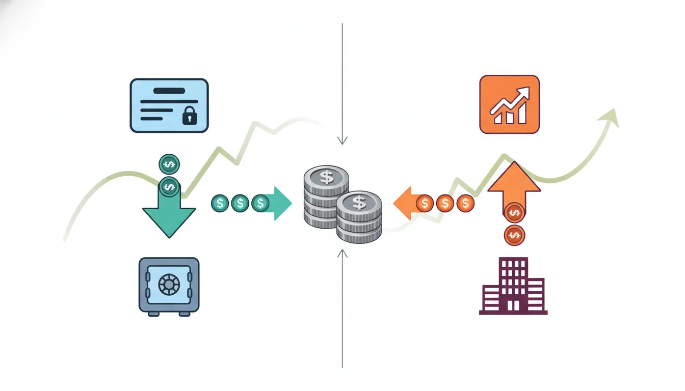 Illustration comparing a cash tender offer for debt versus equity, showing cash flowing into bond and stock icons with a split-screen finance infographic.