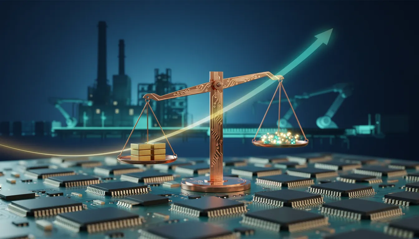 Macro view of MLCC capacitors and FC‑BGA packages on a circuit board with an abstract balance of capital and profit and a translucent upward growth curve against a semiconductor fab background, symbolizing ROIC improvement and investment