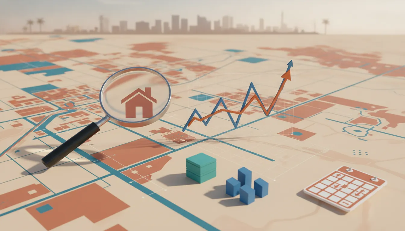 Illustration showing Southern Nevada housing market insights with a map-like scene of Las Vegas, a magnifying glass over a home, and abstract price/inventory graphs without text.