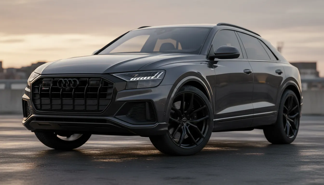 Dark graphite 2026 Audi SQ8-style performance SUV three-quarter front view at dusk highlighting 22-inch wheels with 285/40/22 tires and blacked-out calipers