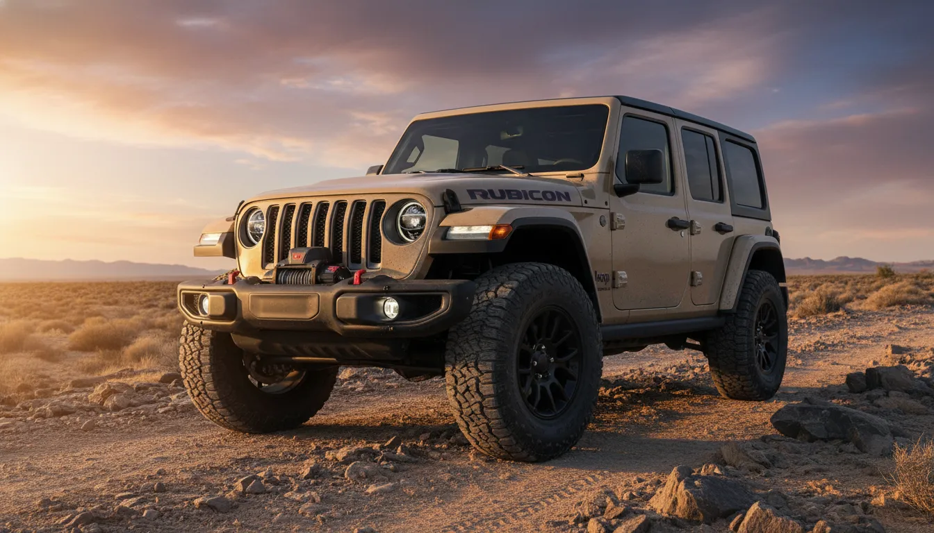 2026 Jeep Wrangler Rubicon X three-quarter front view on a rocky trail at golden hour, showing steel bumper, recovery points, LED headlights and factory lift