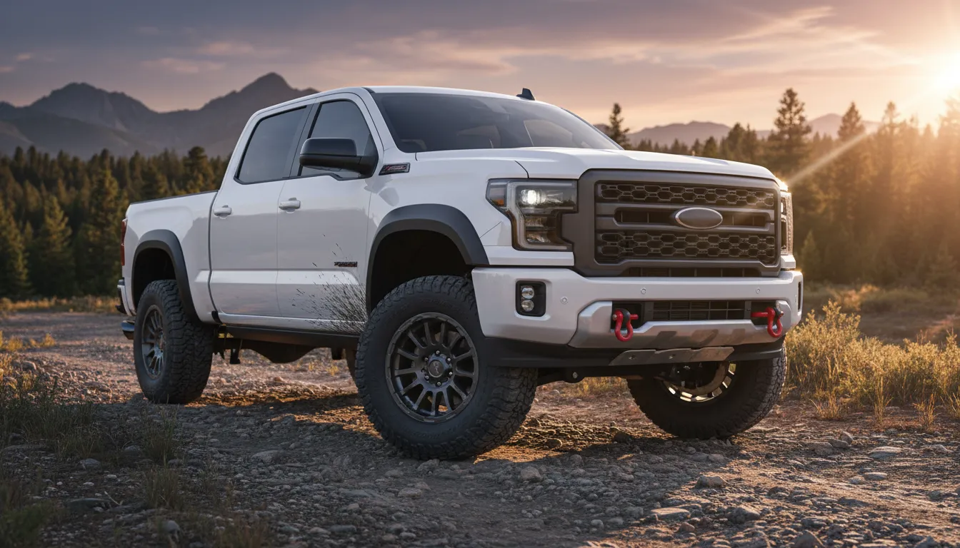 2026 white Sierra-style AT4 diesel pickup, three-quarter front view on a rocky off-road trail with black accents and red recovery hooks