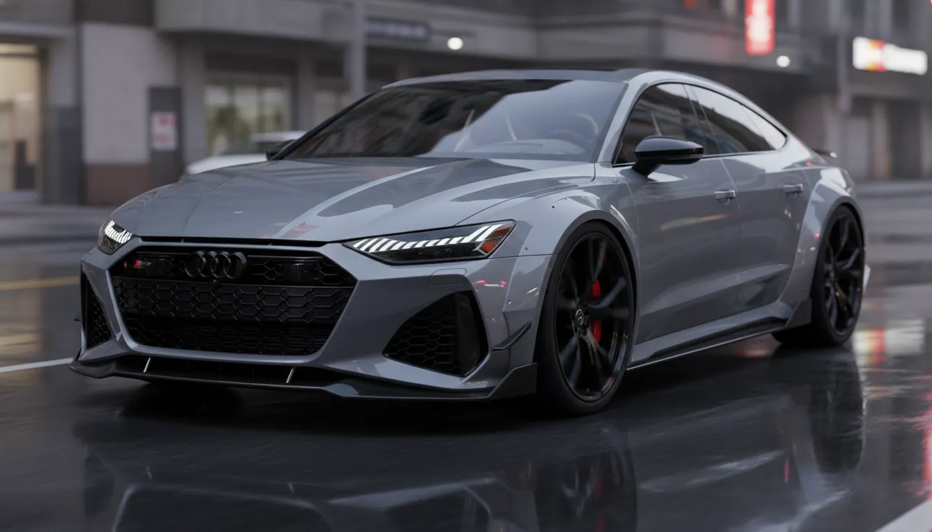 Three-quarter front view of a 2026 RS7-style high-performance sportback in Nardo gray on wet pavement at dusk, showing aggressive grille, slim LED lights and large brakes