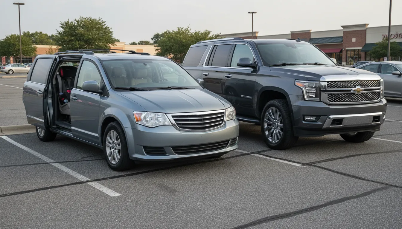 Photorealistic side-by-side comparison of a practical modern minivan with an open sliding door and roomy interior next to an oversized luxury SUV with a dominating chrome grille, highlighting the contrast in design and packaging.