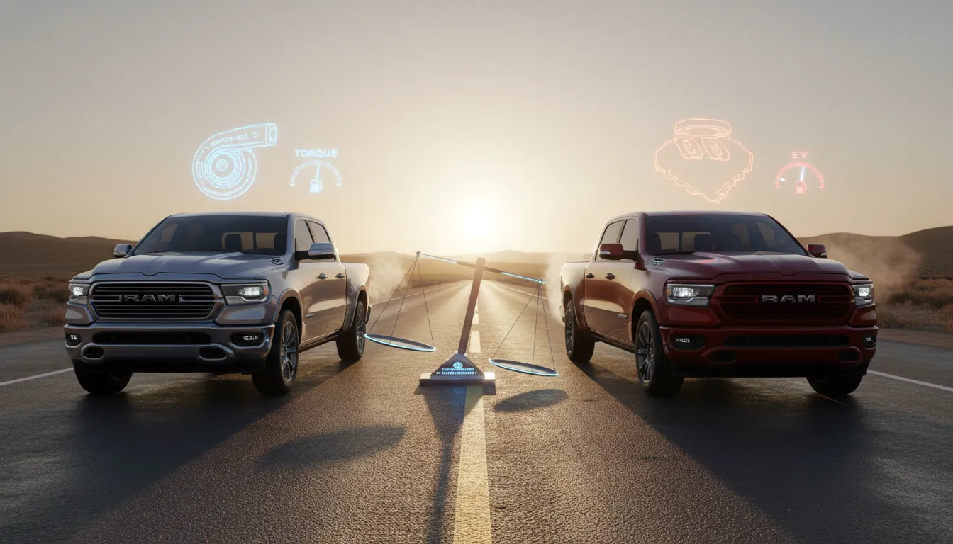 Side-by-side comparison of two Ram 1500 trucks at golden hour: silver Ram 3.0 Hurricane with blue turbo hologram and high torque / efficient fuel icons, vs red Ram 5.7 Hemi with exhaust smoke and higher fuel-use icon, glass scale tipping toward the Hurricane.