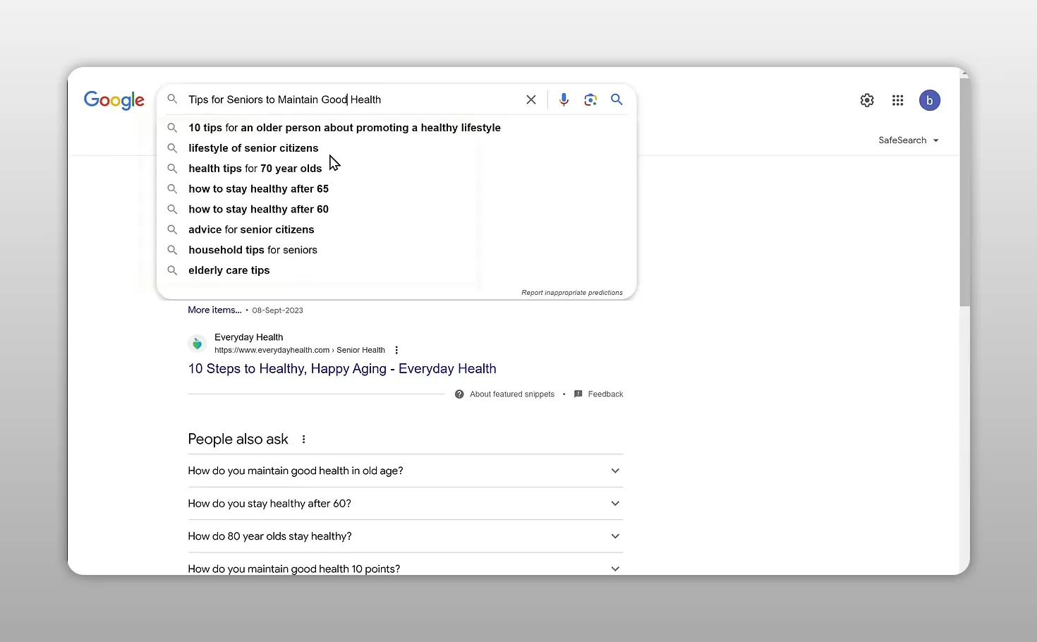 Trang kết quả Google hiển thị gợi ý tìm kiếm liên quan đến sức khỏe người cao tuổi