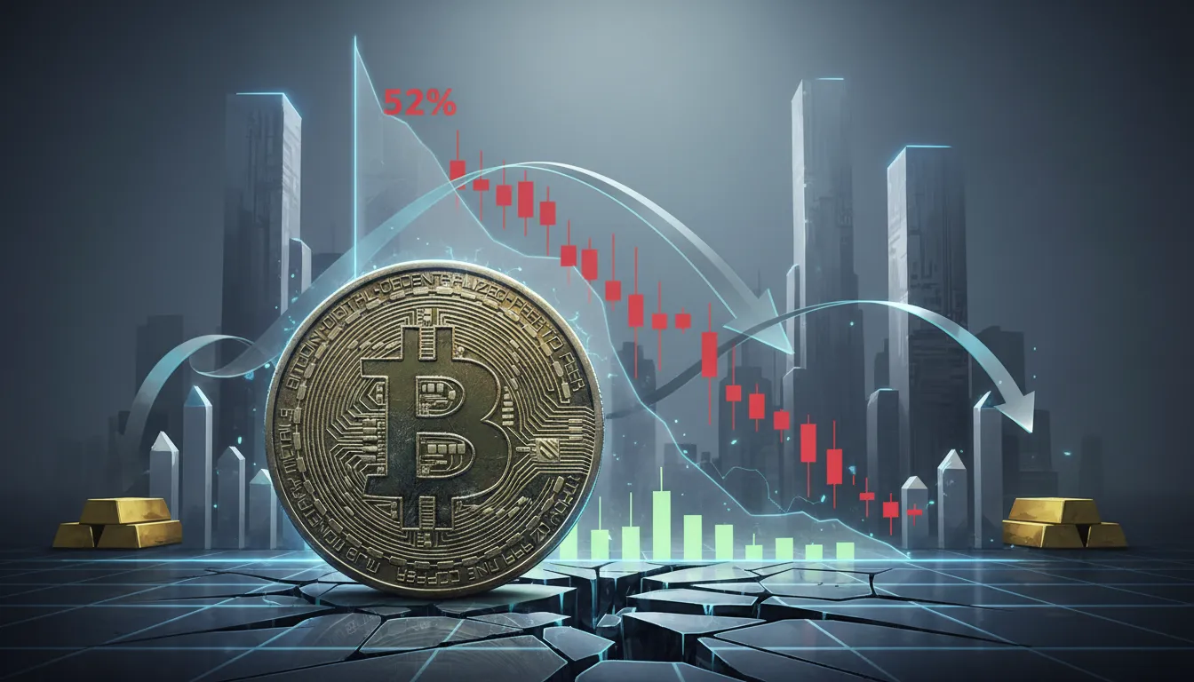 Bitcoin coin with a candlestick chart showing a deep 52% drop and a stabilizing green bottom, with gold bars and institutional buildings in the background