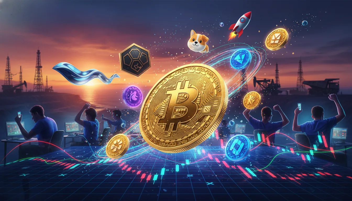 Cinematic scene of Bitcoin, colorful meme coins and XRP/HBAR-like tokens above holographic price charts with Venezuelan oil rigs, gas pipelines, miners and traders, symbolizing crypto volatility and winners