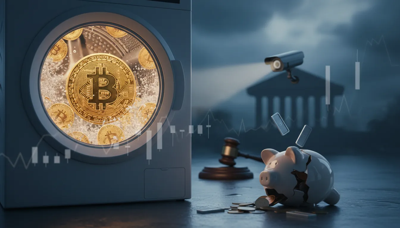 Photorealistic cinematic scene of a gold Bitcoin coin swirling in a glass washing machine with duplicate coins, a broken piggy bank spilling coins, and a shadowy gavel and courthouse in the background, symbolizing wash trading, treasury losses, and regulatory scrutiny in crypto markets.
