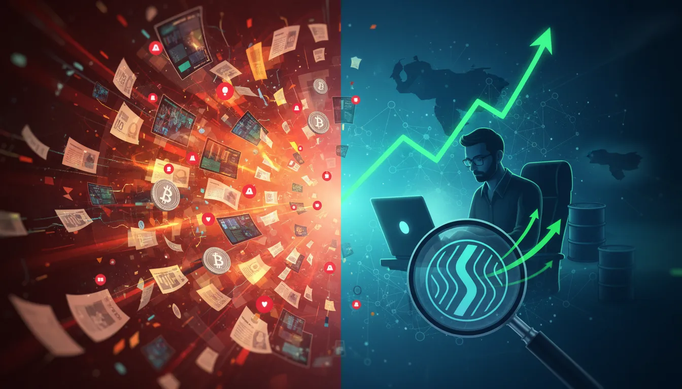 Split-scene image: chaotic crypto media storm on the left and calm analytical focus on the right, developer at laptop examining a glowing ledger and a stylized ripple-like digital coin with oil barrels and a faint Venezuela silhouette in the background