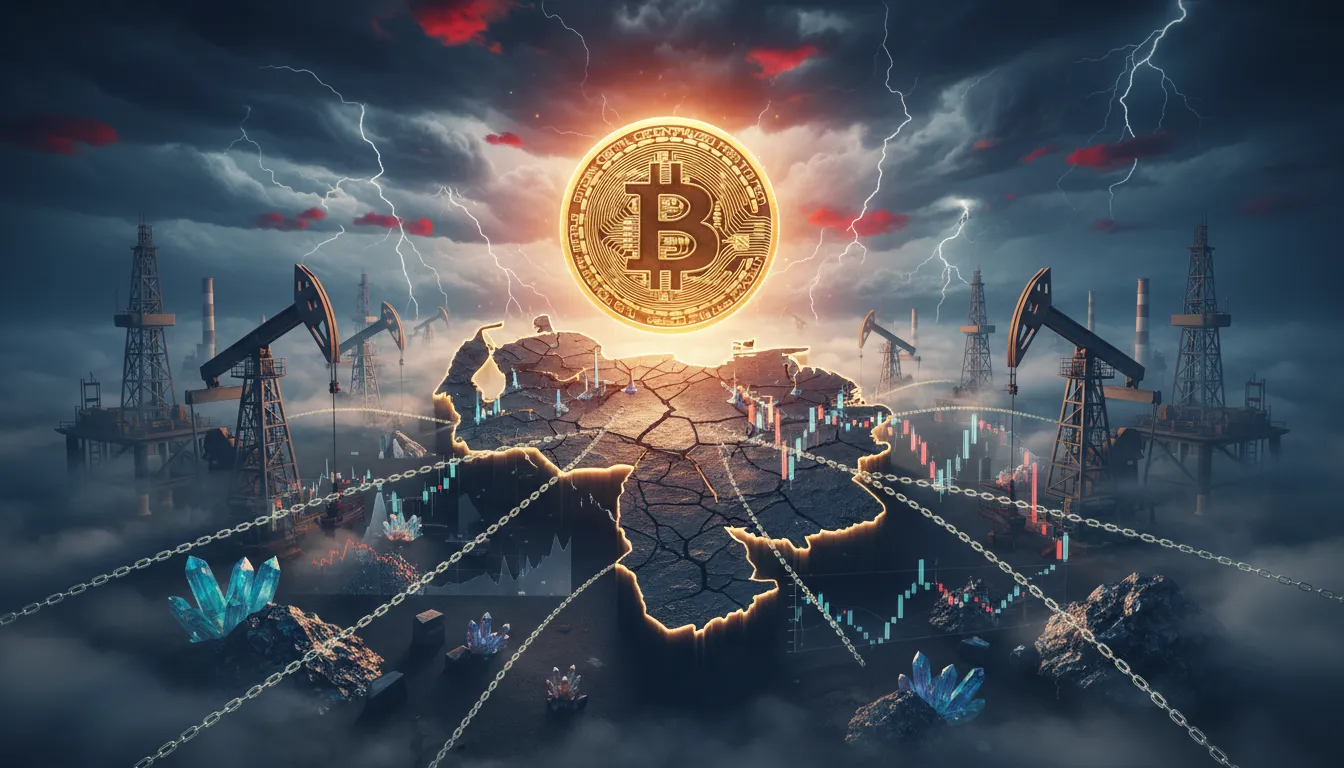 Dramatic illustration of a Venezuela map with oil rigs, glowing rare-earth crystals and a hovering Bitcoin coin under stormy skies symbolizing a geopolitical resource grab