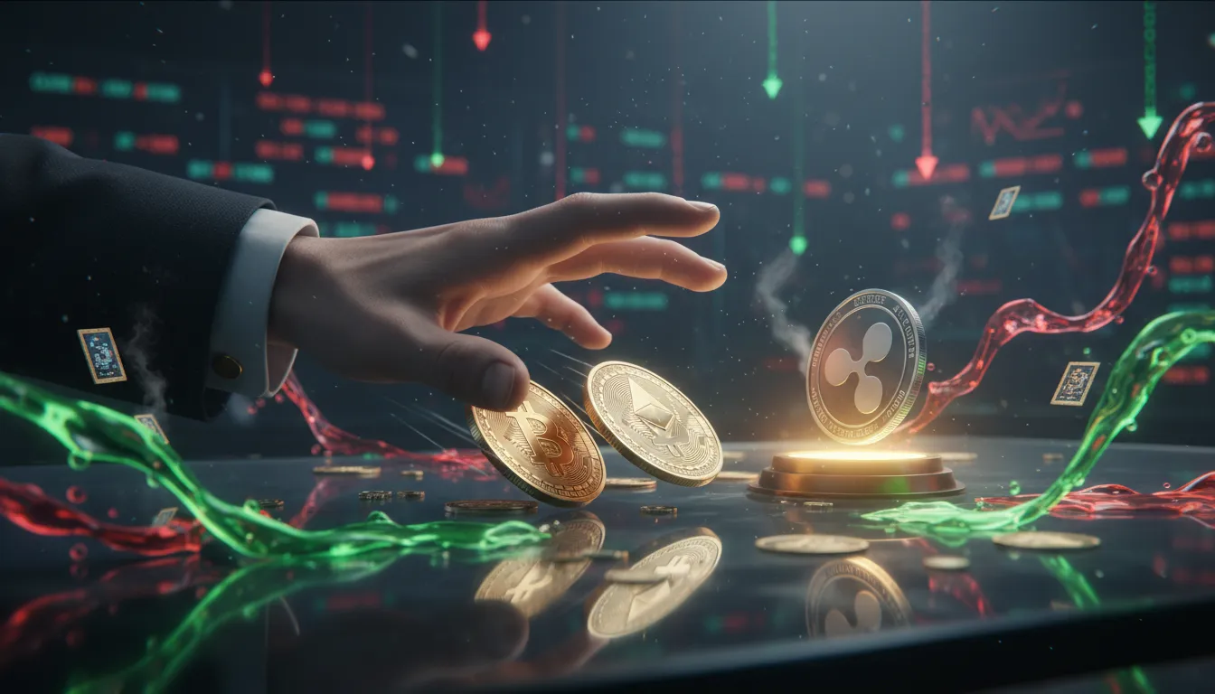 Dramatic scene of an executive hand pushing Bitcoin and Ethereum coins off a glass trading table while a glowing XRP coin rises on a pedestal amid tangled red and green flows and a blurred trading floor